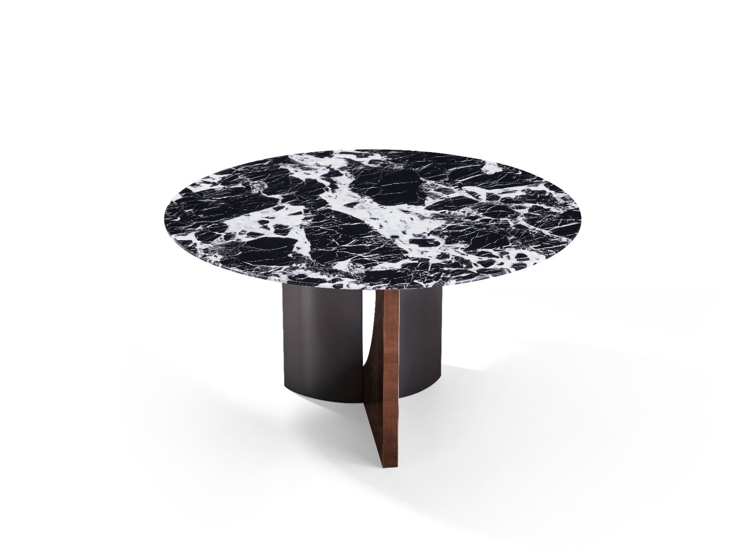 Table à manger ronde contemporaine avec plateau en marbre et piètement design sculptural.
