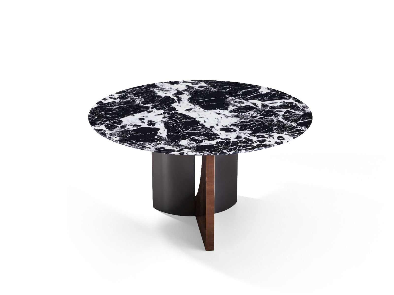 Table à manger ronde contemporaine avec plateau en marbre et piètement design sculptural.