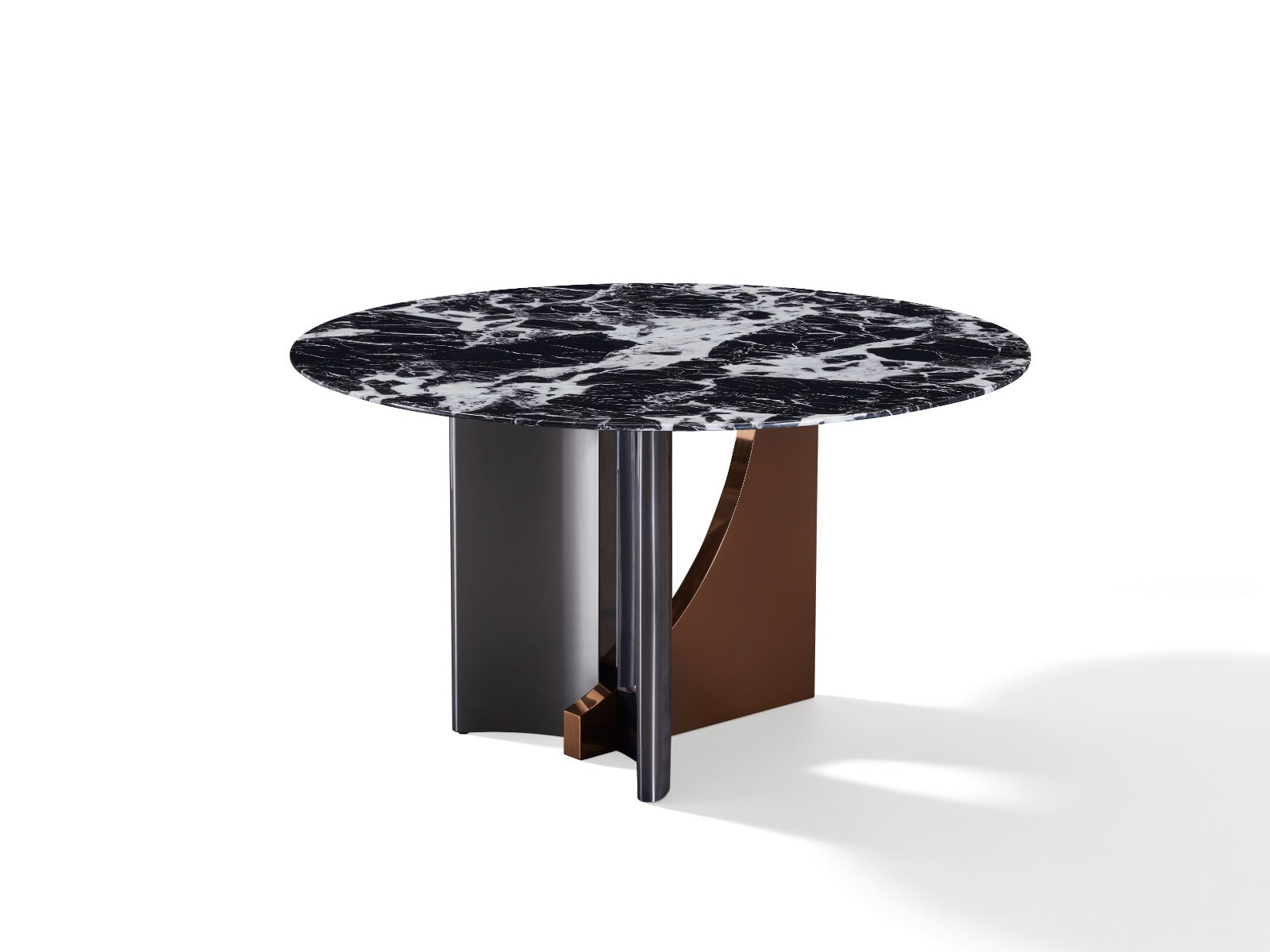 Table à manger ronde contemporaine avec plateau en marbre et piètement design sculptural.