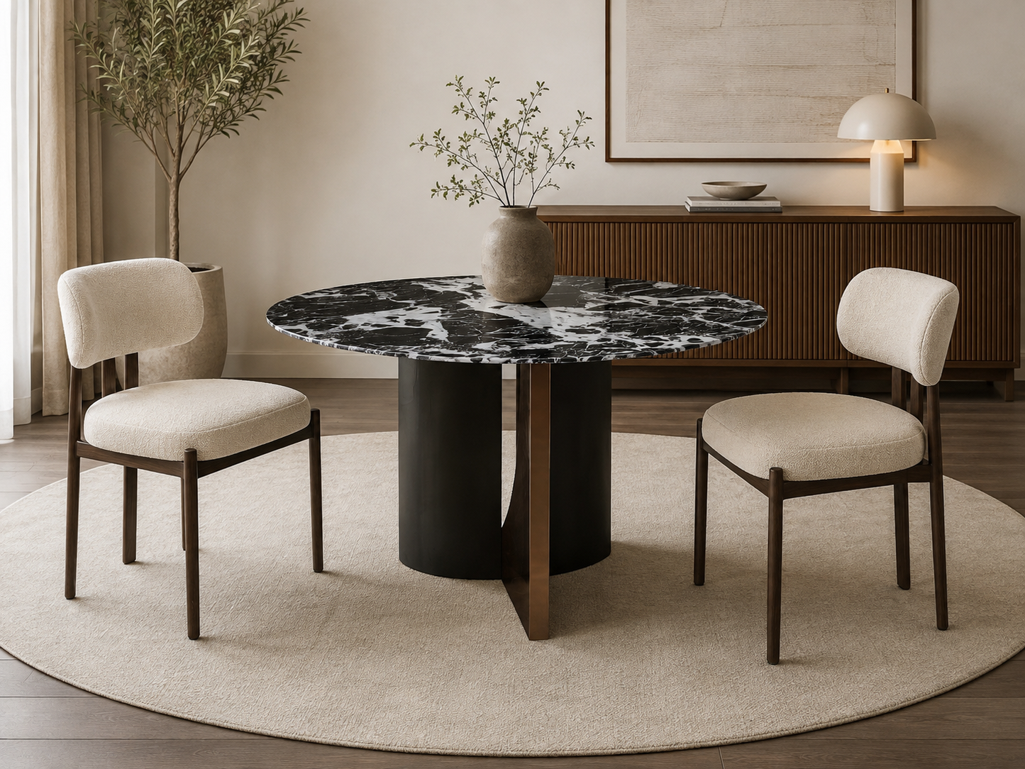Table à manger ronde contemporaine avec plateau en marbre et piètement design sculptural.