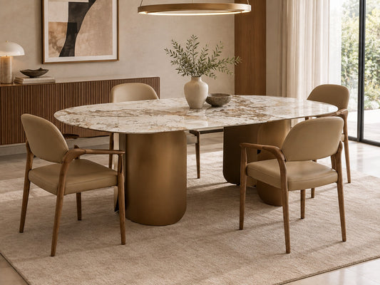 Table à manger ovale en céramique et métal traité, un mélange parfait de luxe et de modernité pour une salle à manger élégante et fonctionnelle.