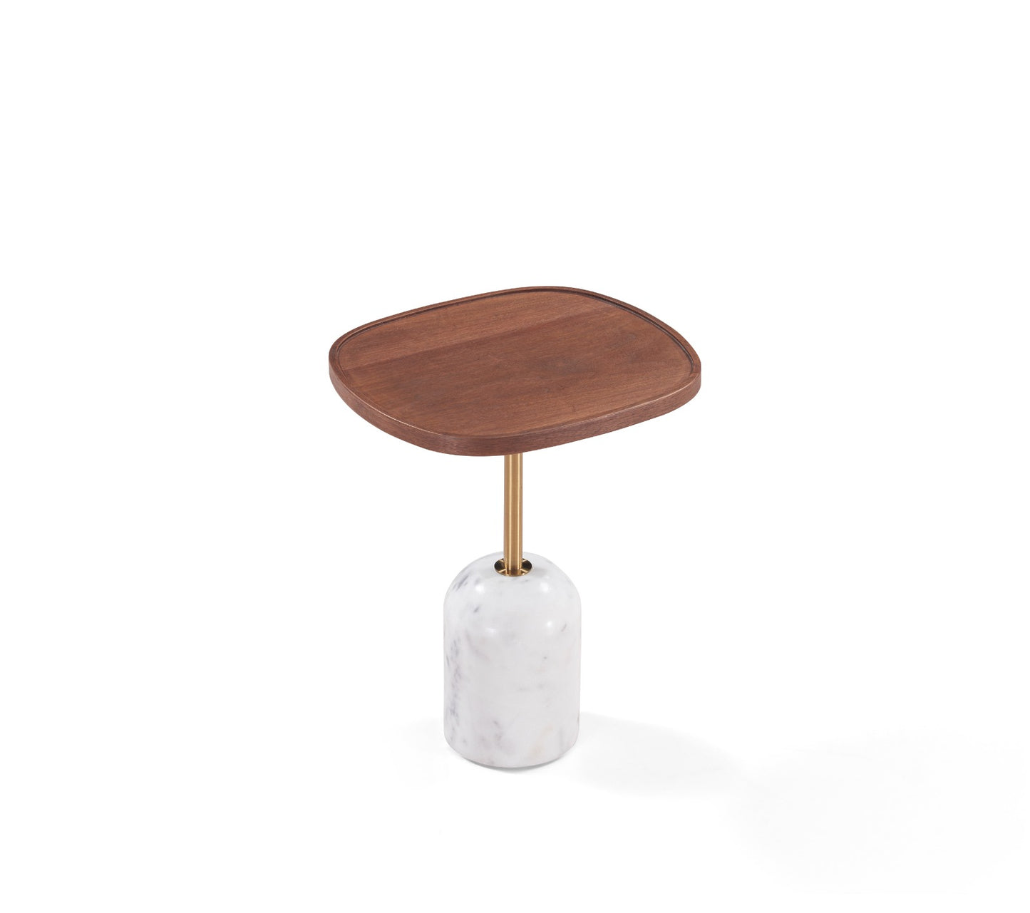 Table d’appoint contemporaine avec plateau en bois, piètement métallique et base en marbre.