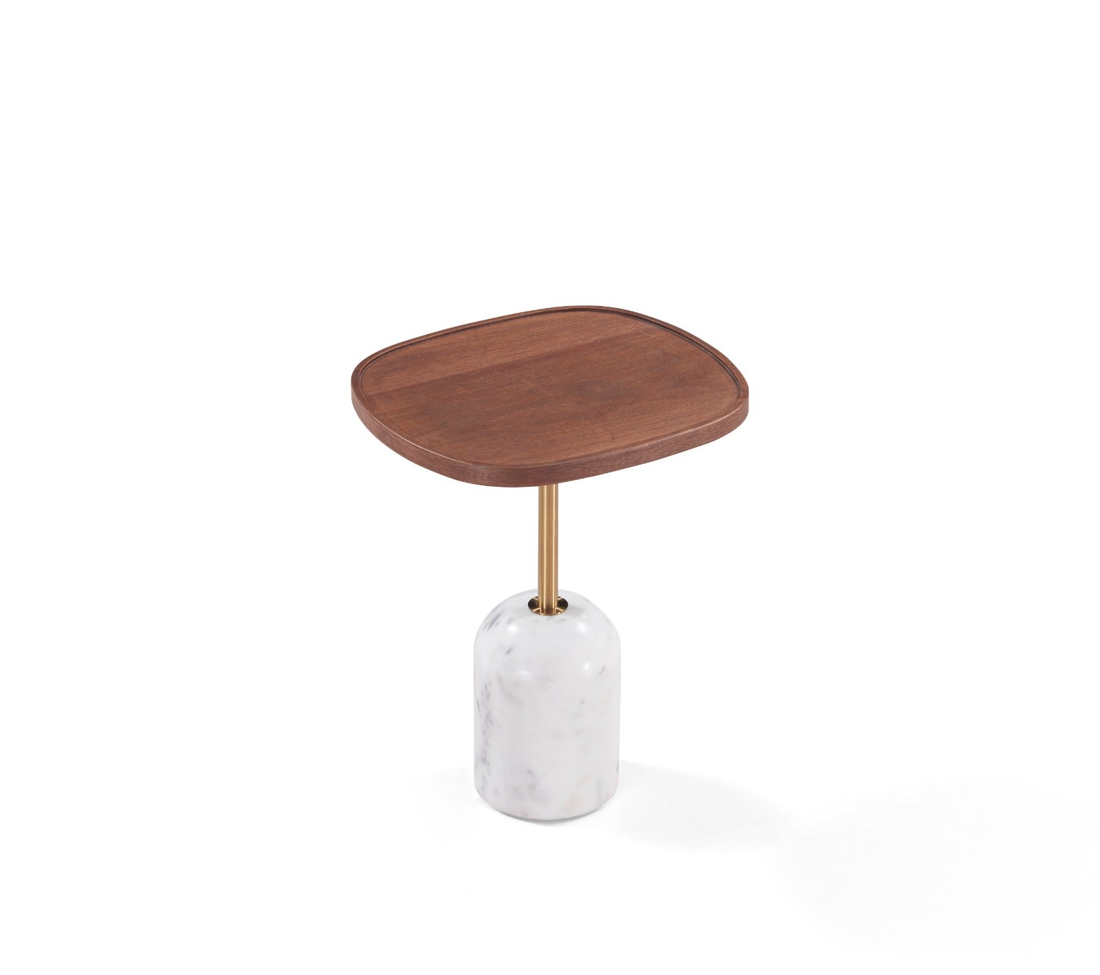 Table d’appoint contemporaine avec plateau en bois, piètement métallique et base en marbre.