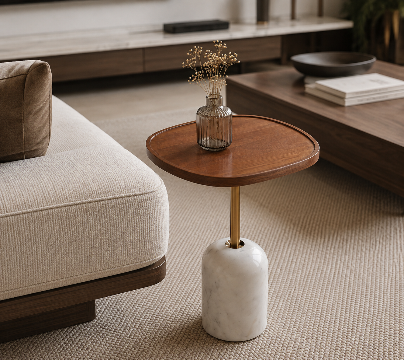 Table d’appoint contemporaine avec plateau en bois, piètement métallique et base en marbre.