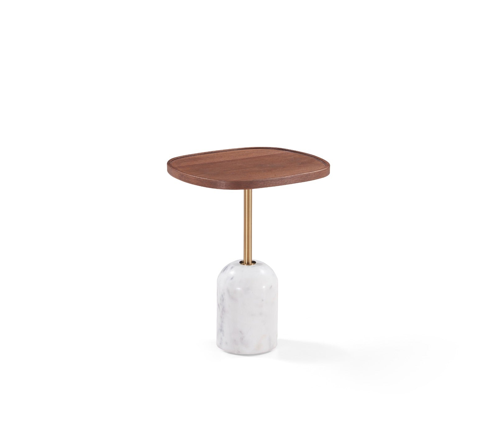 Table d’appoint contemporaine avec plateau en bois, piètement métallique et base en marbre.