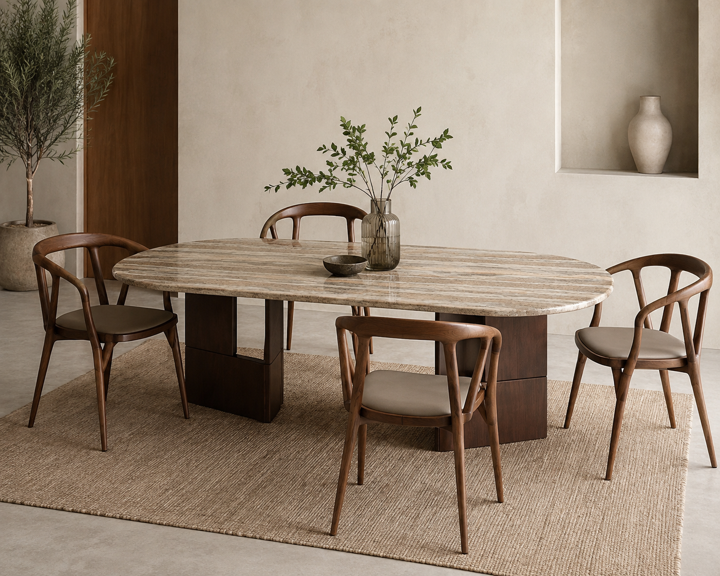 Table à manger ovale au design contemporain avec plateau effet pierre et piètement en bois, accompagnée de chaises élégantes.