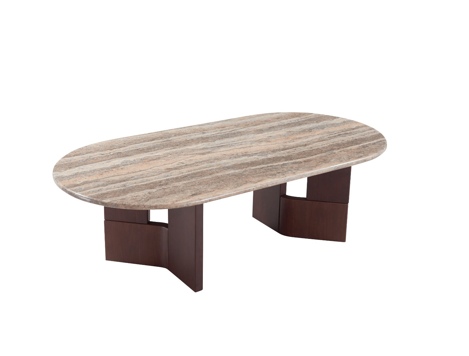 Table à manger ovale au design contemporain avec plateau effet pierre et piètement en bois, accompagnée de chaises élégantes.