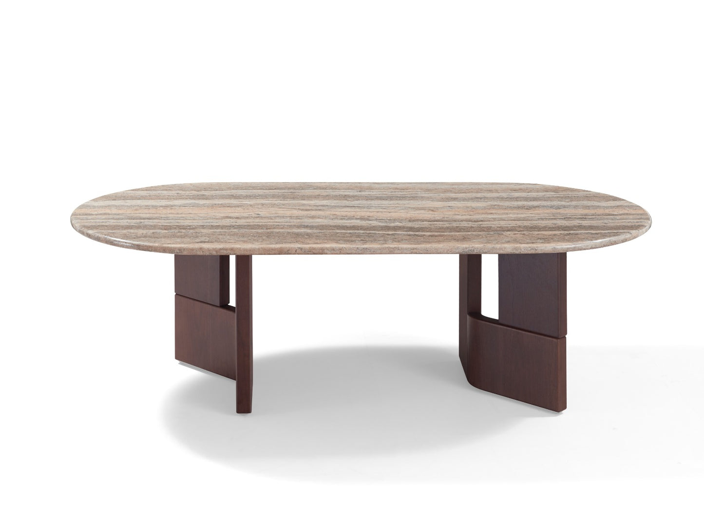 Table à manger ovale au design contemporain avec plateau effet pierre et piètement en bois, accompagnée de chaises élégantes.