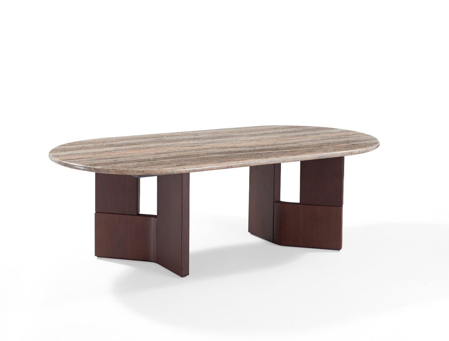 Table à manger ovale au design contemporain avec plateau effet pierre et piètement en bois, accompagnée de chaises élégantes.
