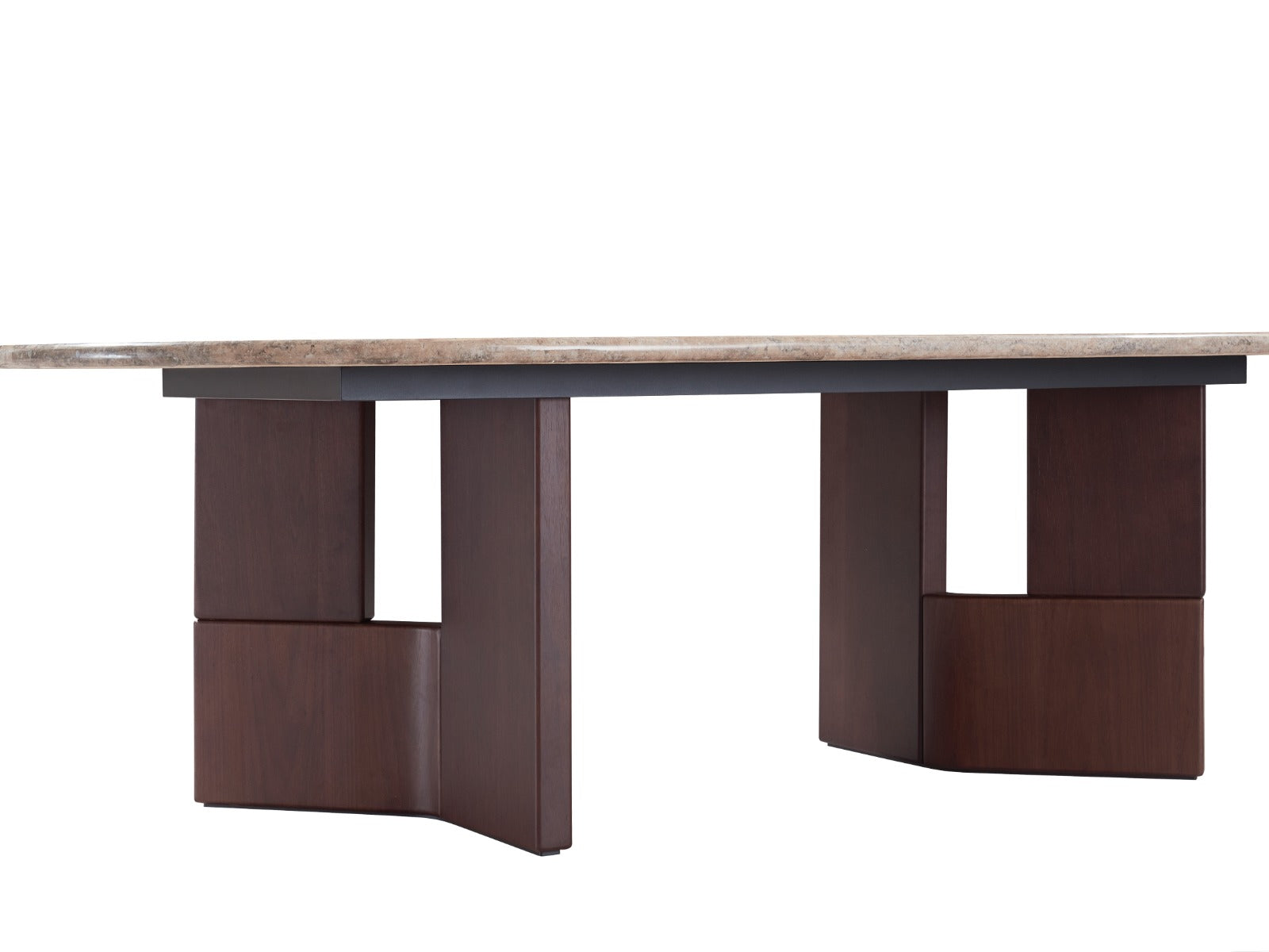 Table à manger ovale au design contemporain avec plateau effet pierre et piètement en bois, accompagnée de chaises élégantes.