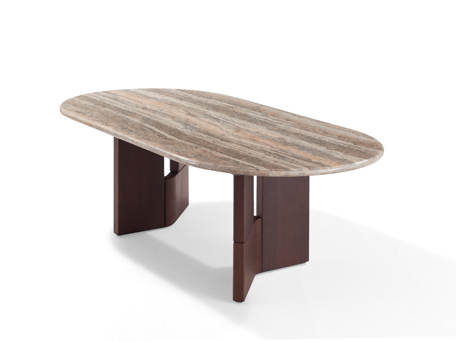 Table à manger ovale au design contemporain avec plateau effet pierre et piètement en bois, accompagnée de chaises élégantes.