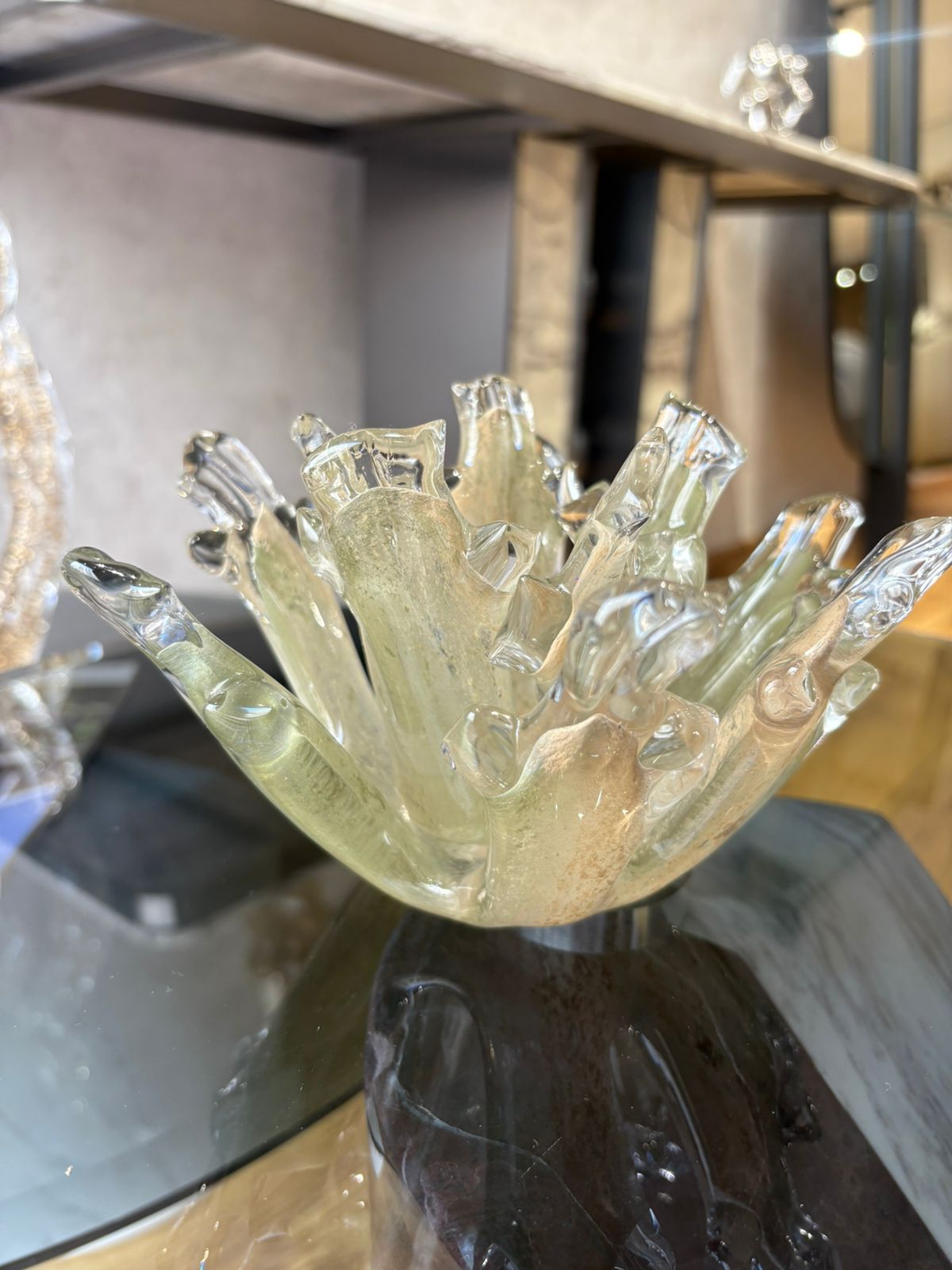 Coupe décorative en verre soufflé transparent avec design organique moderne