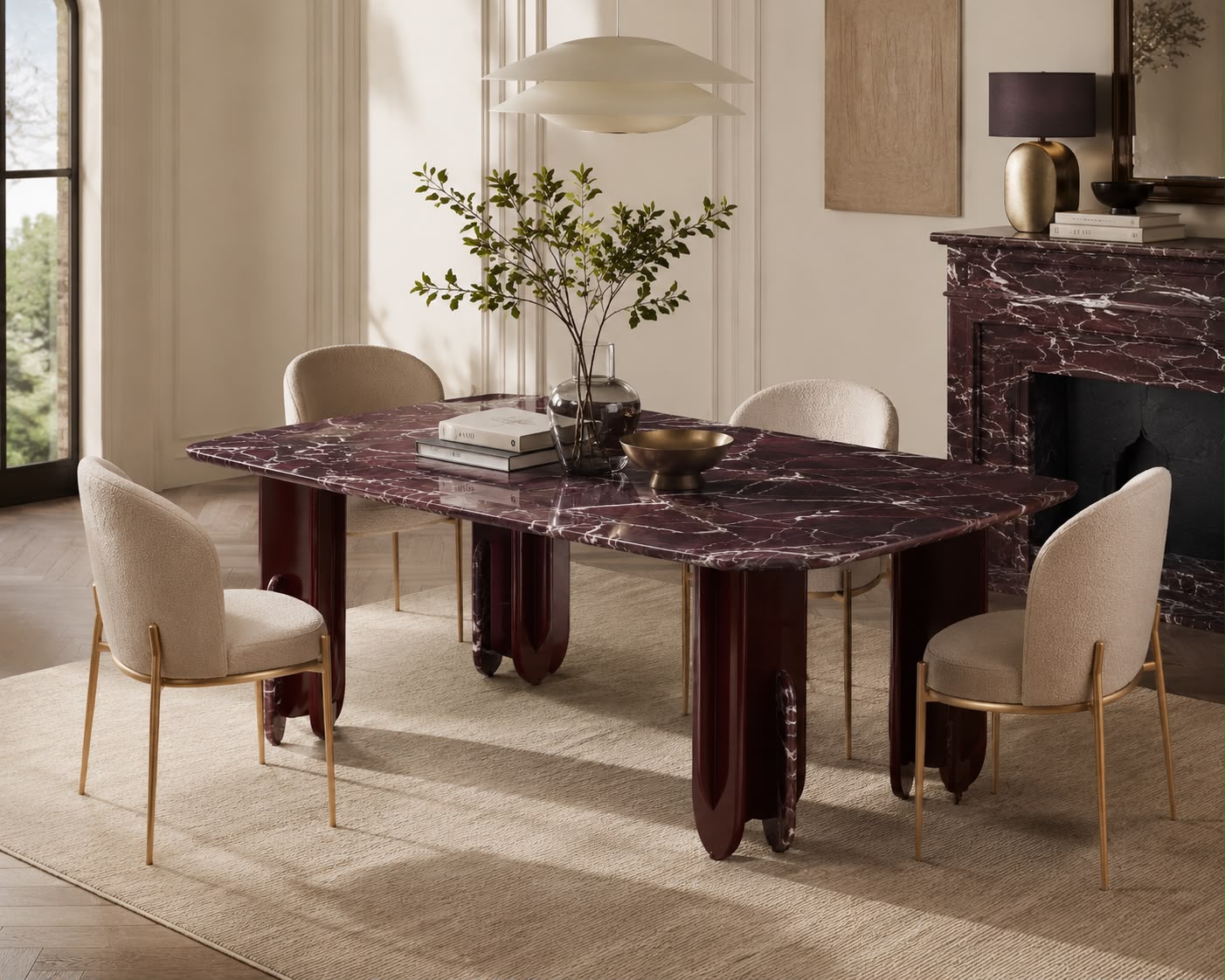 Table à manger design avec plateau effet marbre et pieds sculpturaux