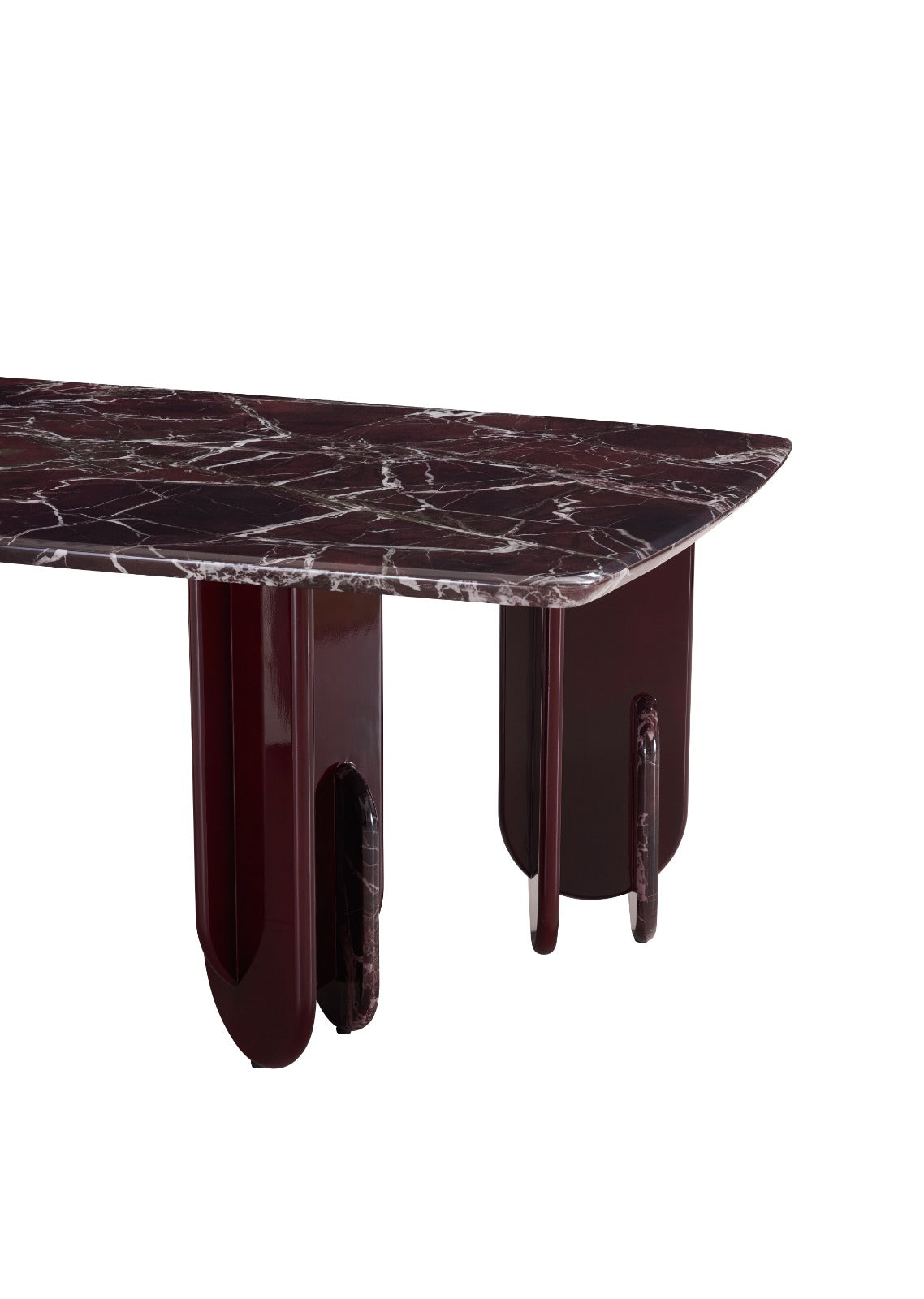 Table à manger design avec plateau effet marbre et pieds sculpturaux