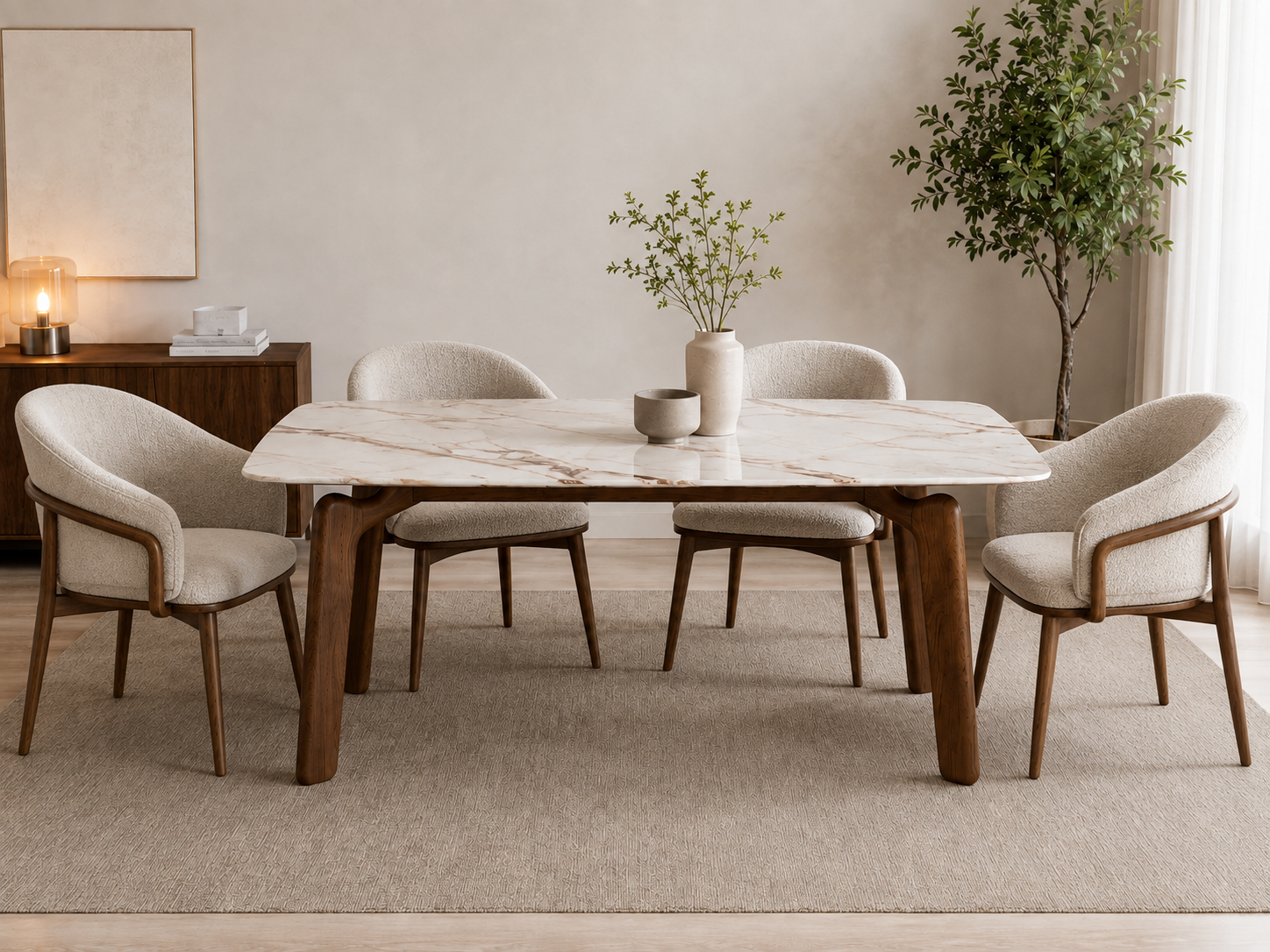 Table à manger en marbre et bois massif avec chaises design assorties.