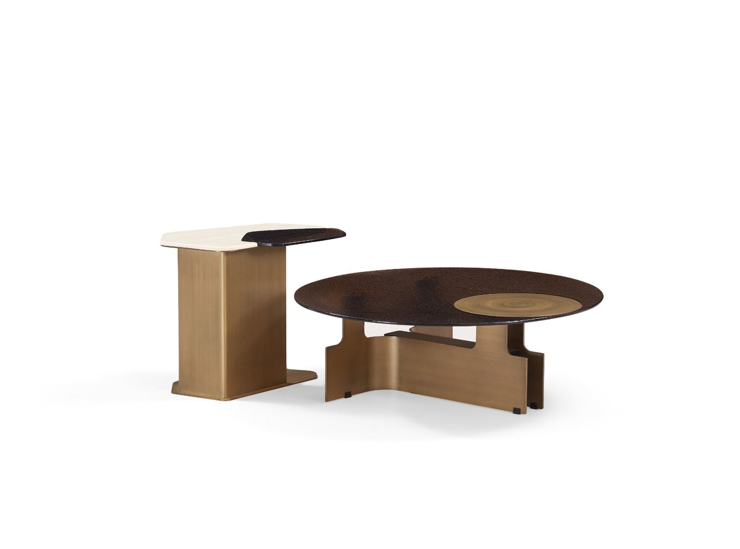 Duo Louisiana composé d’une table basse ronde et d’une table d’appoint au design contemporain.