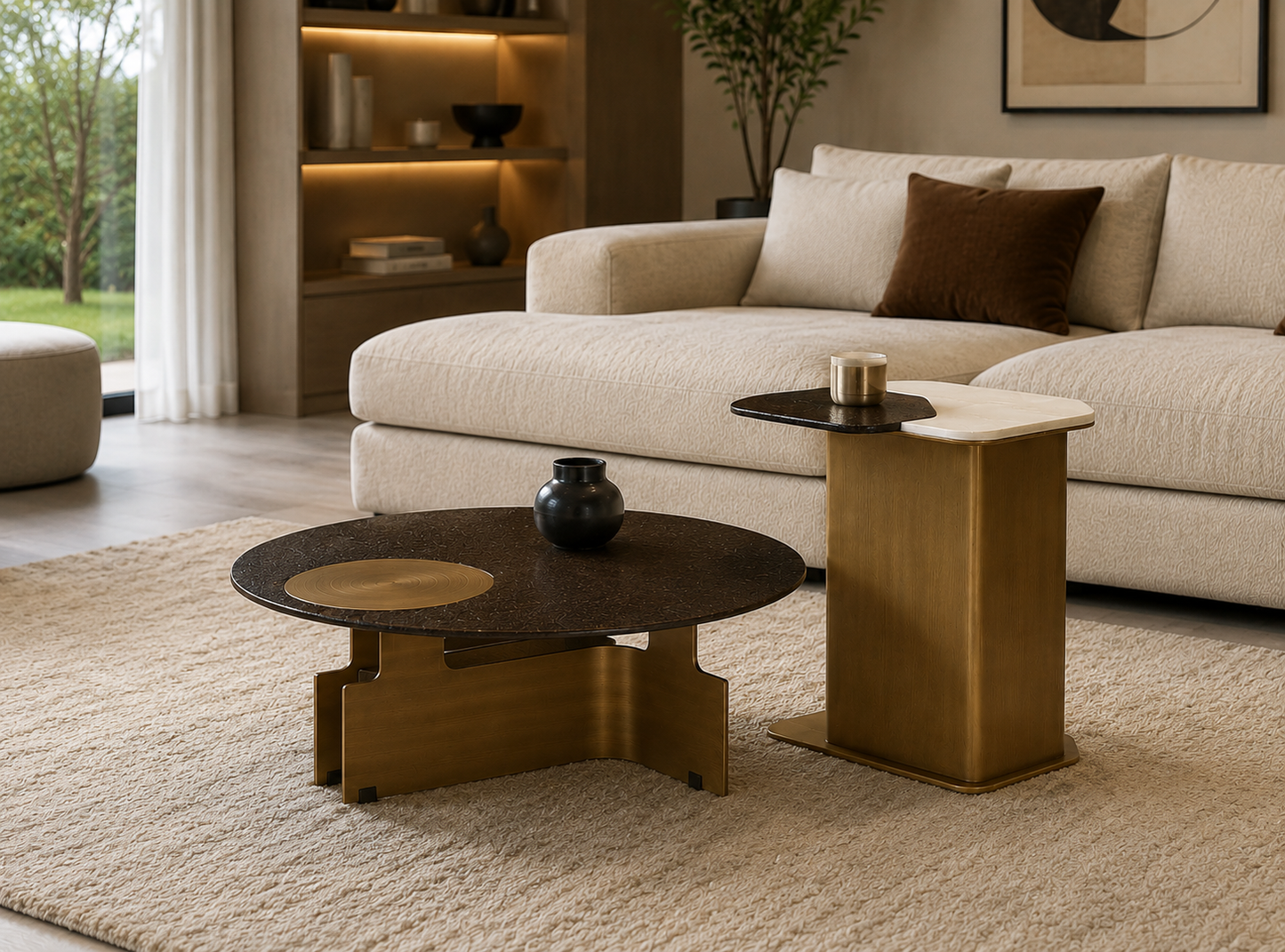 Duo Louisiana composé d’une table basse ronde et d’une table d’appoint au design contemporain.