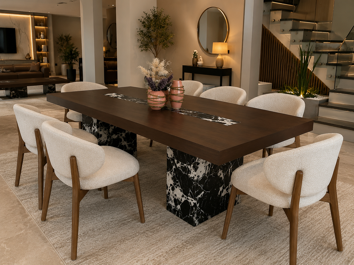 Table à manger rectangulaire en bois avec socle en marbre, design élégant et moderne.