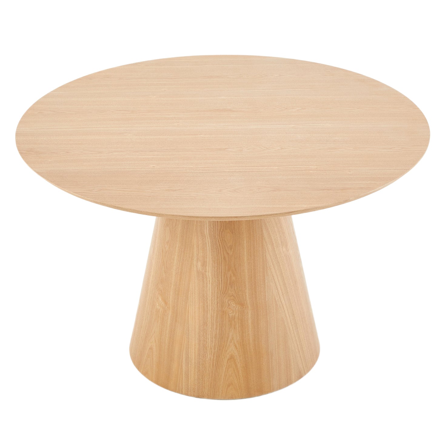 Table à manger ronde en bois clair avec pied central design moderne pour salle à manger contemporaine.