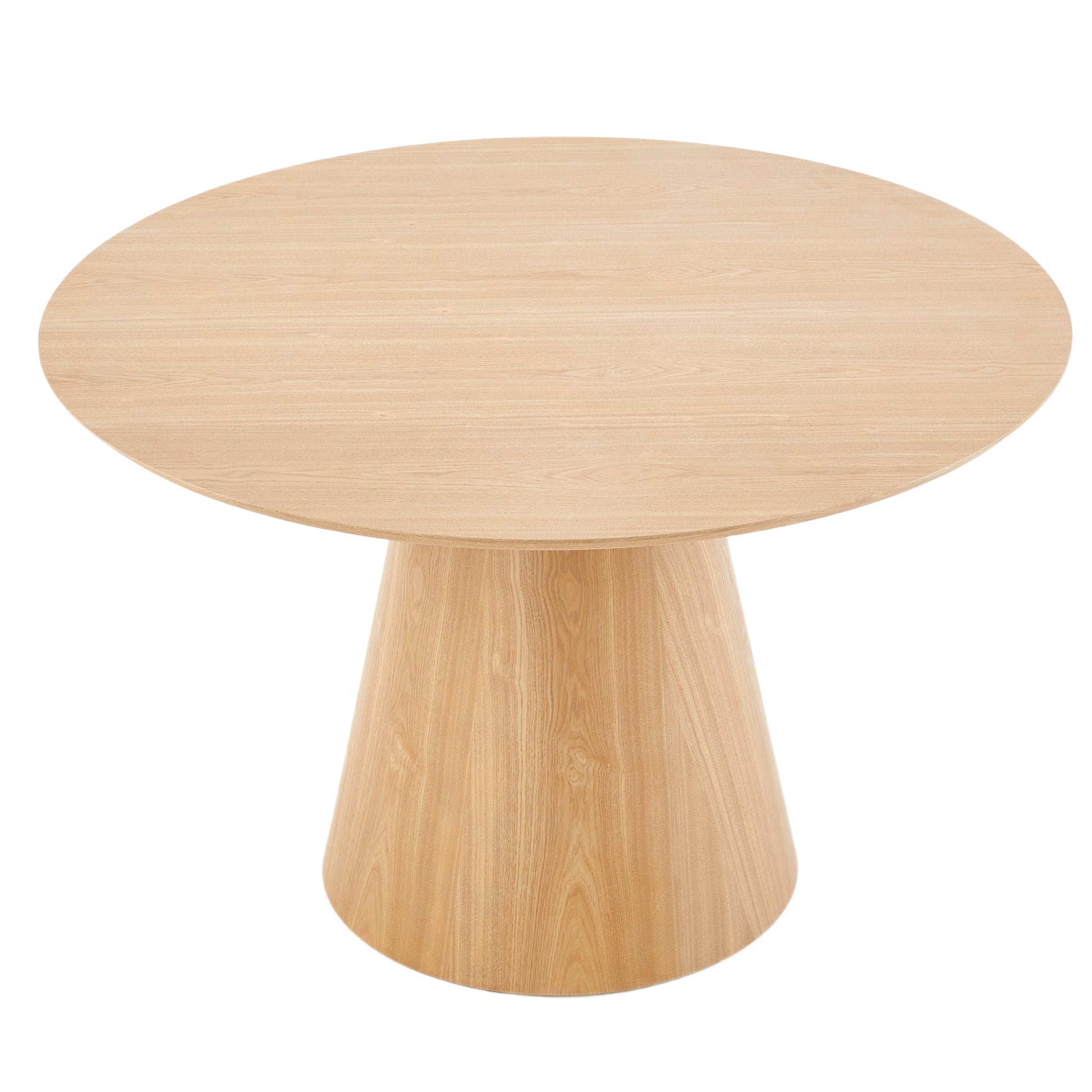 Table à manger ronde en bois clair avec pied central design moderne pour salle à manger contemporaine.