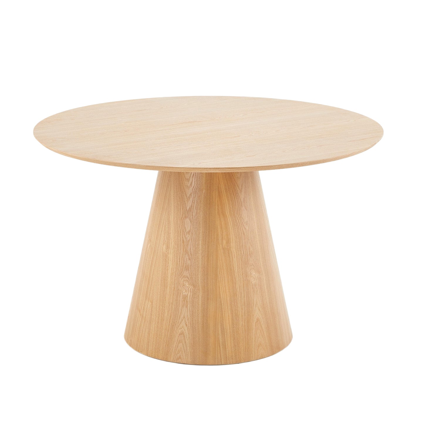 Table à manger ronde en bois clair avec pied central design moderne pour salle à manger contemporaine.