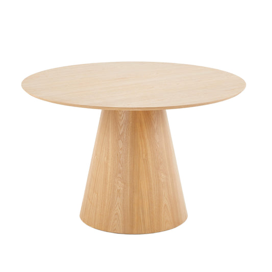 Table à manger ronde en bois clair avec pied central design moderne pour salle à manger contemporaine.