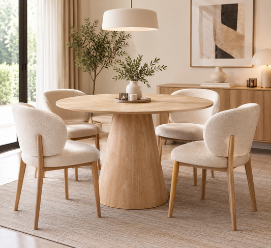 Table à manger ronde en bois clair avec pied central design moderne pour salle à manger contemporaine.