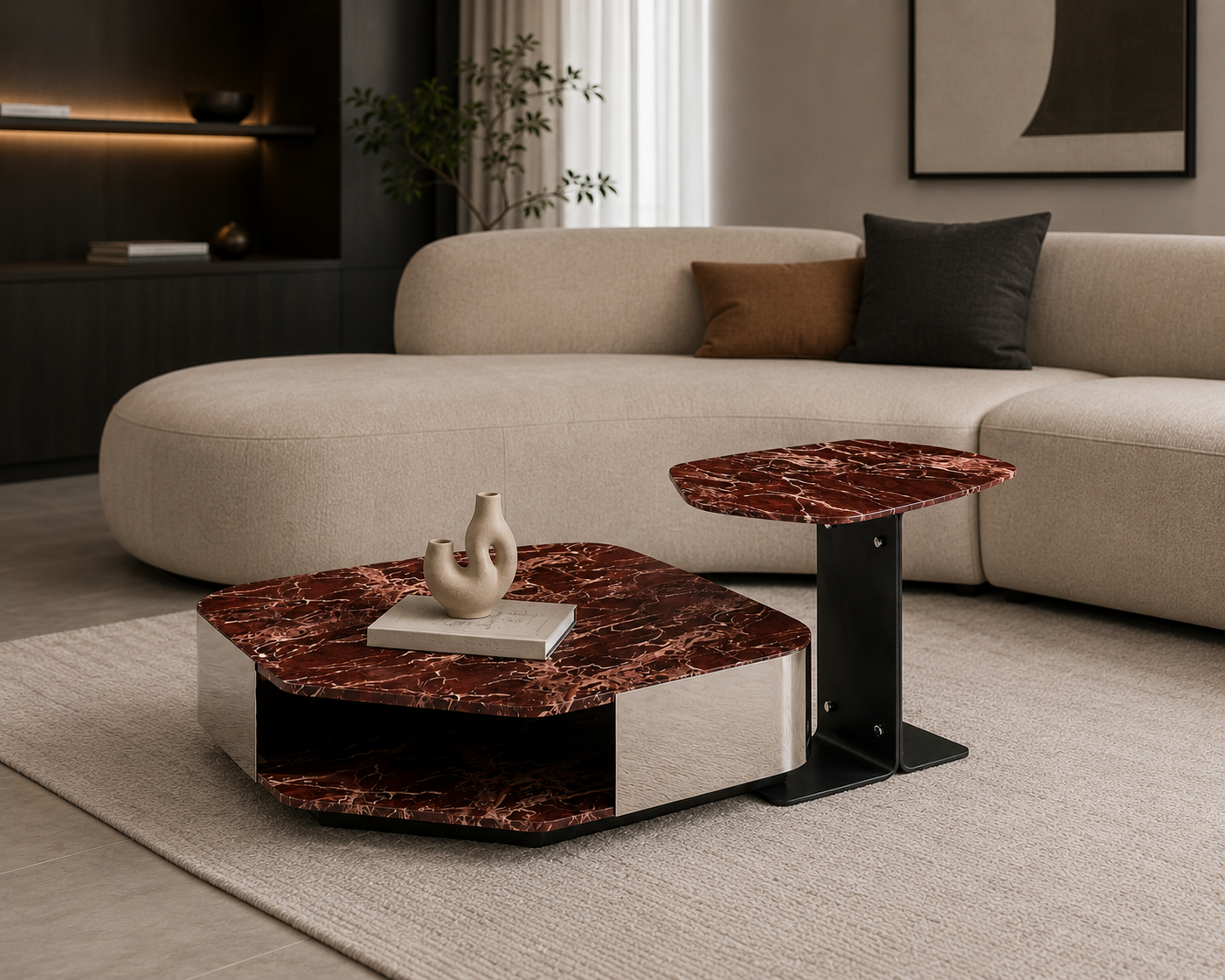 Table basse duo moderne avec plateau effet marbre et table d’appoint assortie, idéale pour un salon contemporain.