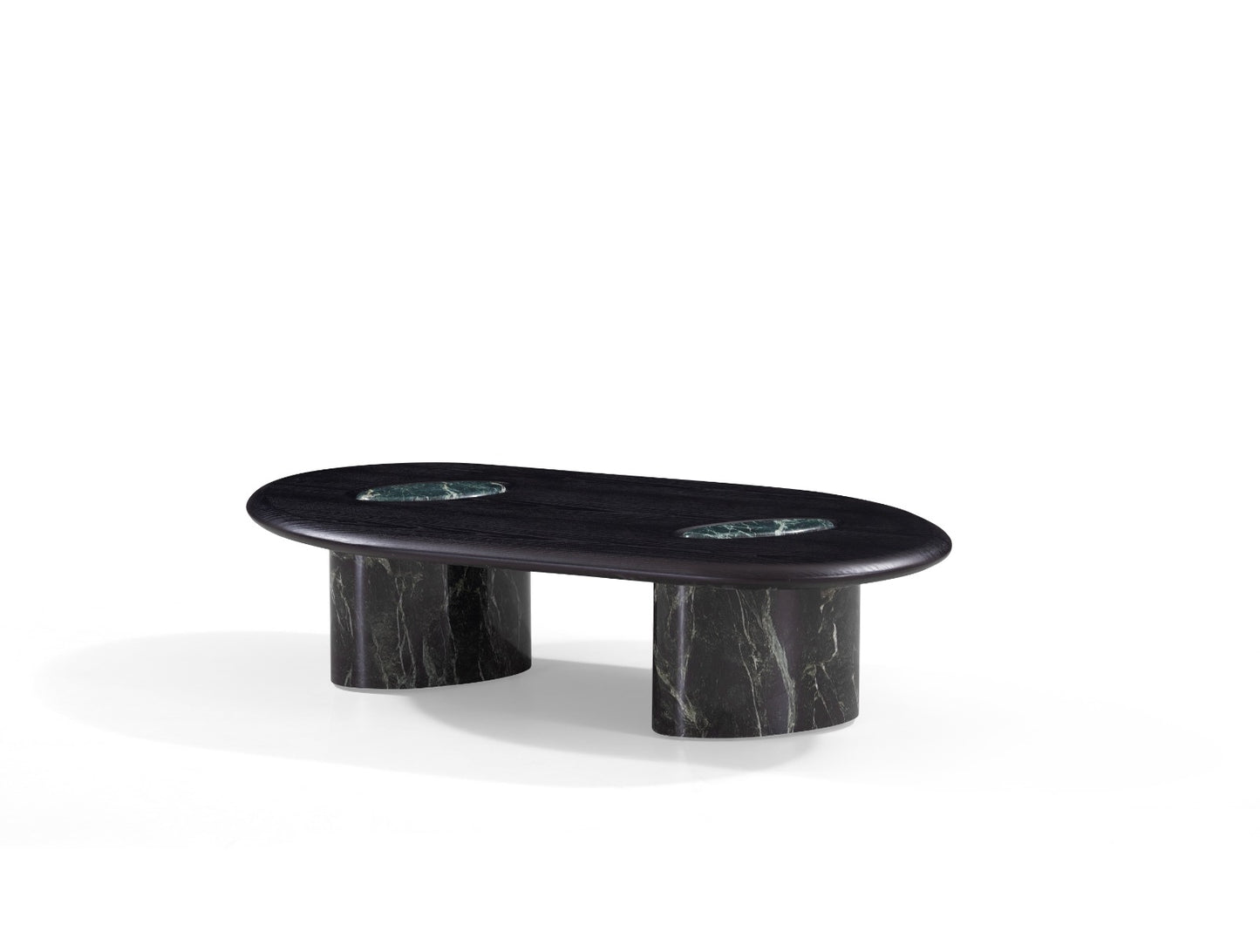 Duo Maryland composé d’une table basse ovale et d’une table d’appoint avec plateau en bois et inserts en marbre naturel.