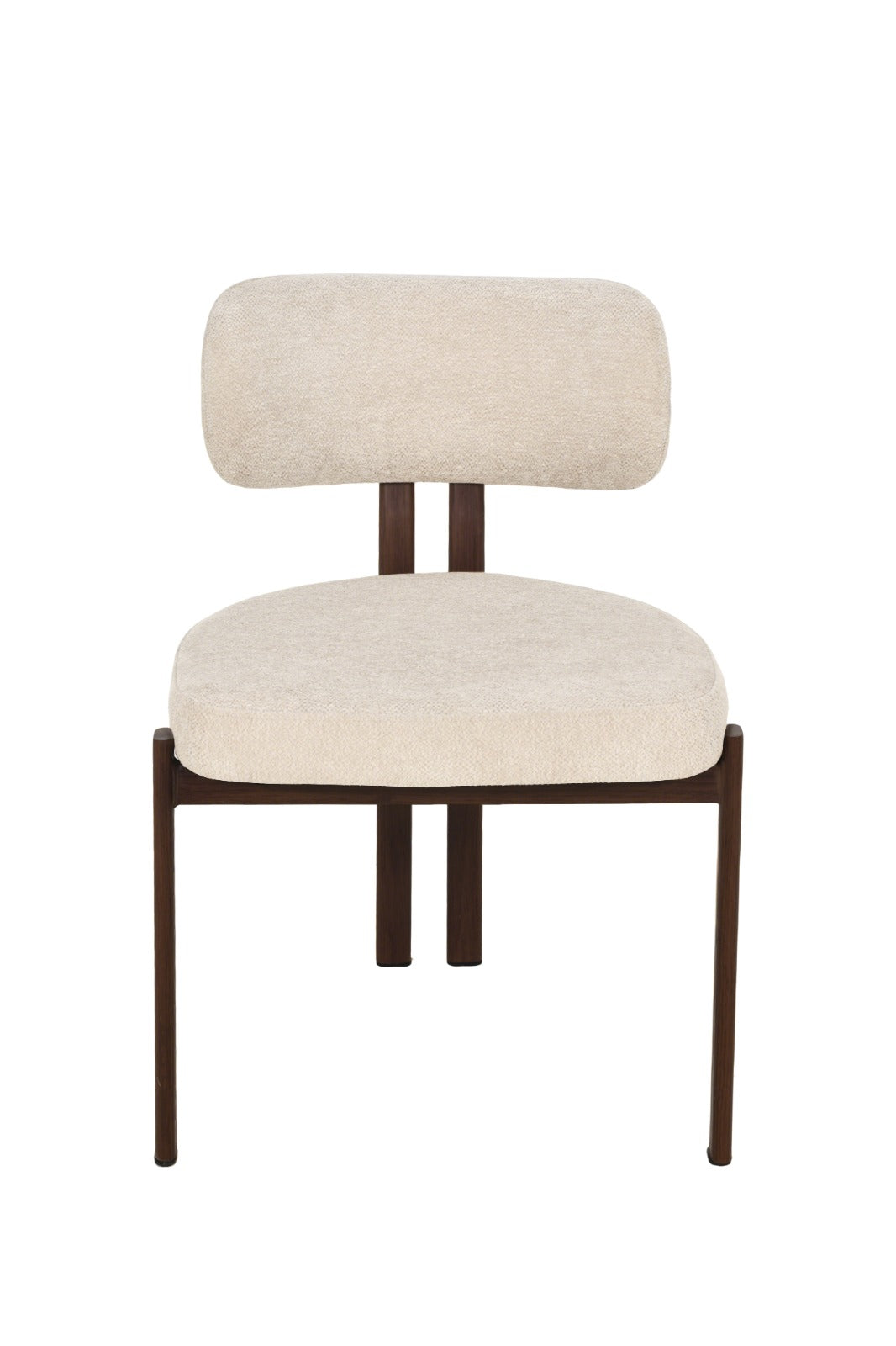 Chaise contemporaine avec assise rembourrée, dossier arrondi et structure en bois.