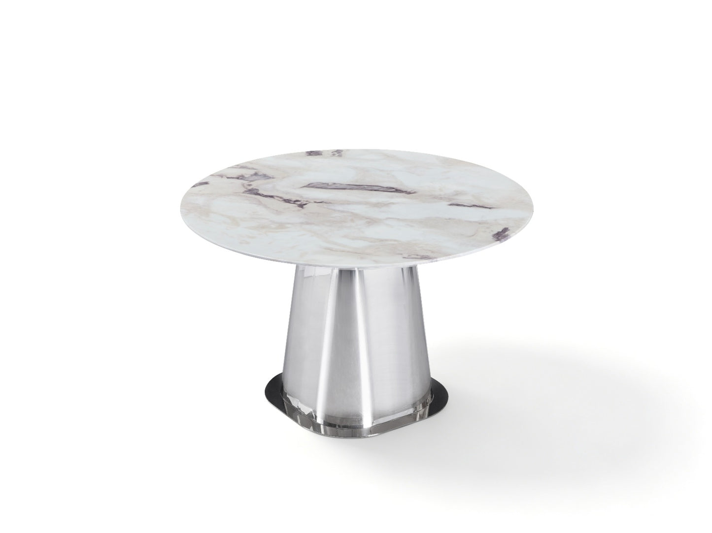 Table à manger ronde avec plateau effet marbre et piètement central en acier inoxydable, accompagnée de chaises rembourrées au design contemporain.
