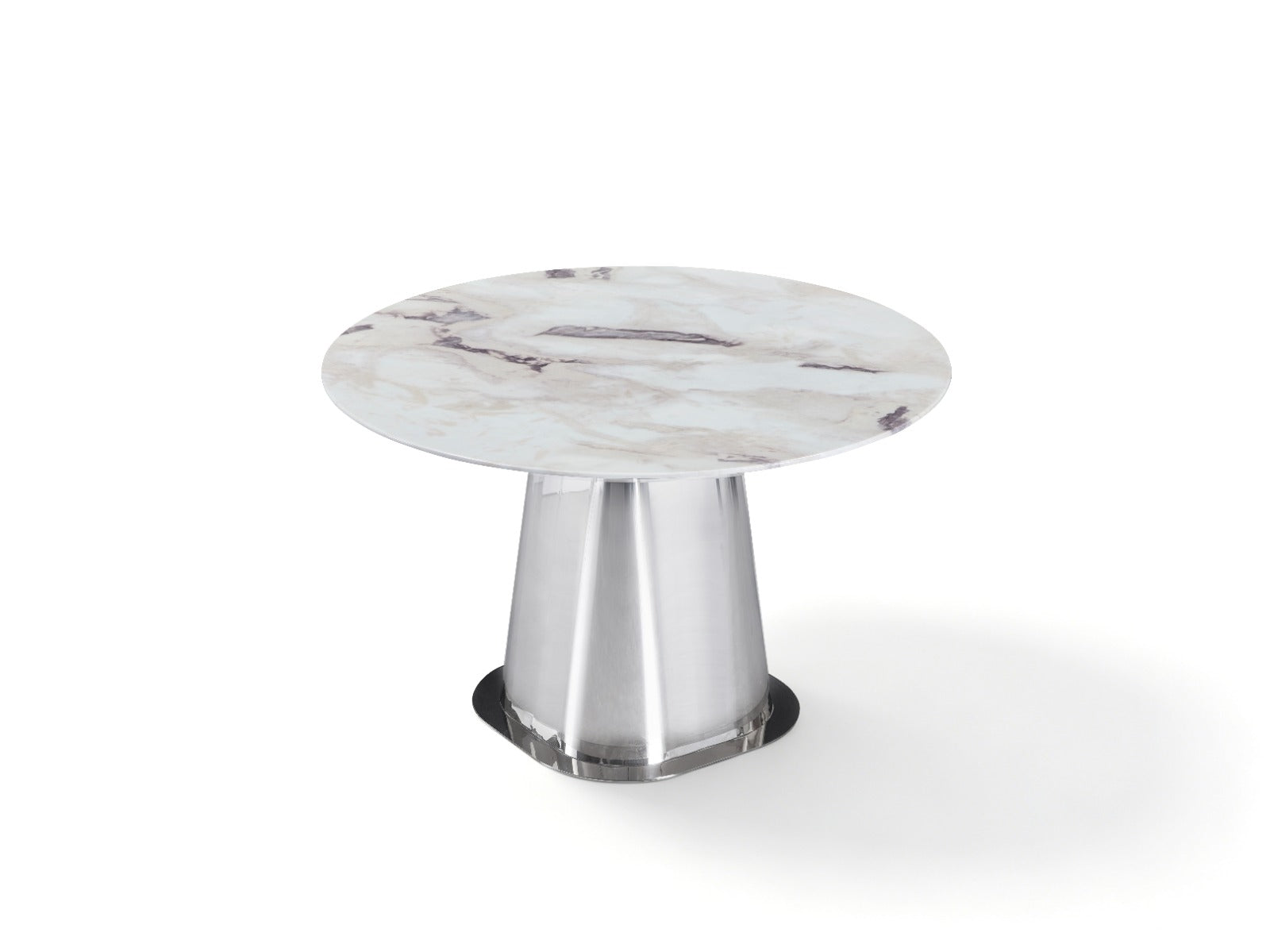 Table à manger ronde avec plateau effet marbre et piètement central en acier inoxydable, accompagnée de chaises rembourrées au design contemporain.