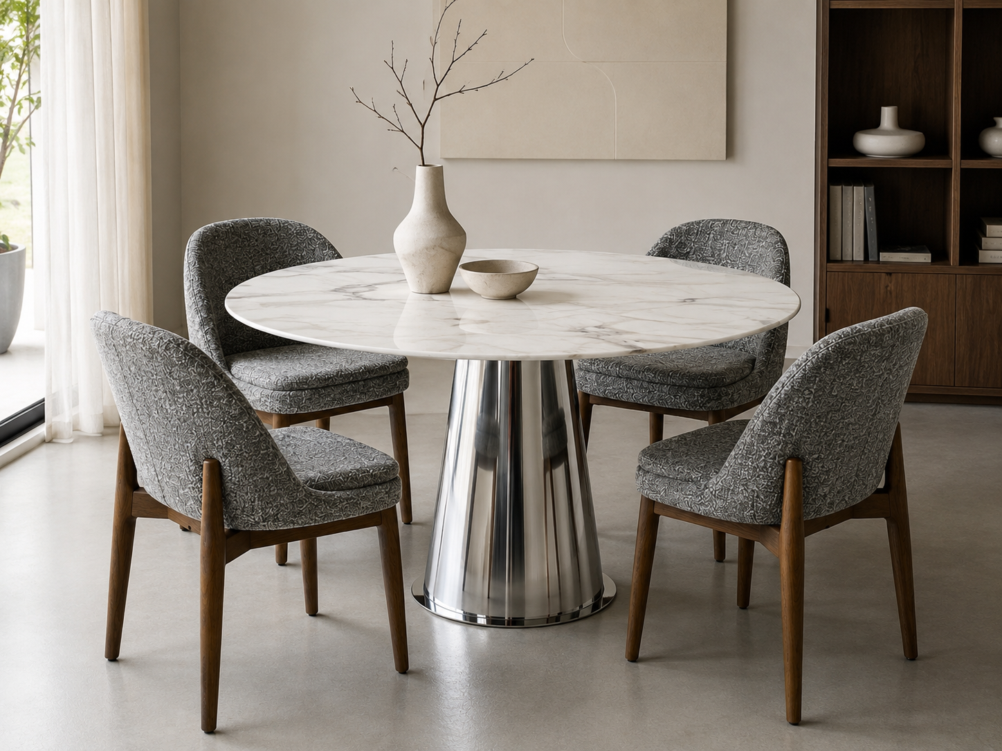 Table à manger ronde avec plateau effet marbre et piètement central en acier inoxydable, accompagnée de chaises rembourrées au design contemporain.