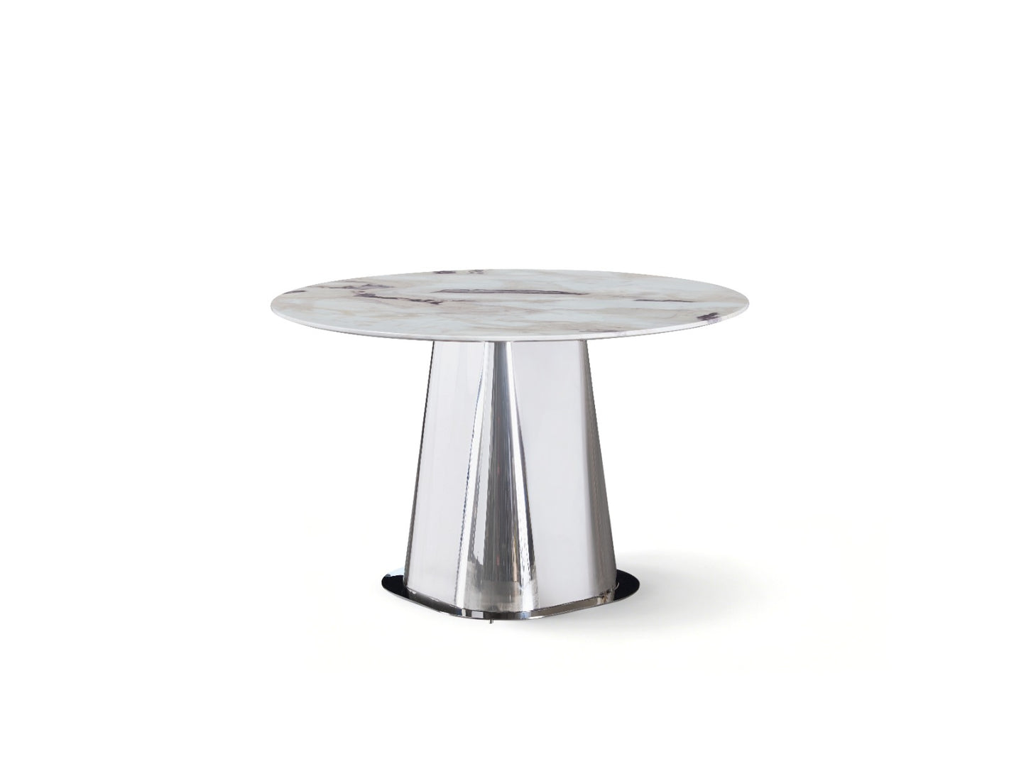 Table à manger ronde avec plateau effet marbre et piètement central en acier inoxydable, accompagnée de chaises rembourrées au design contemporain.