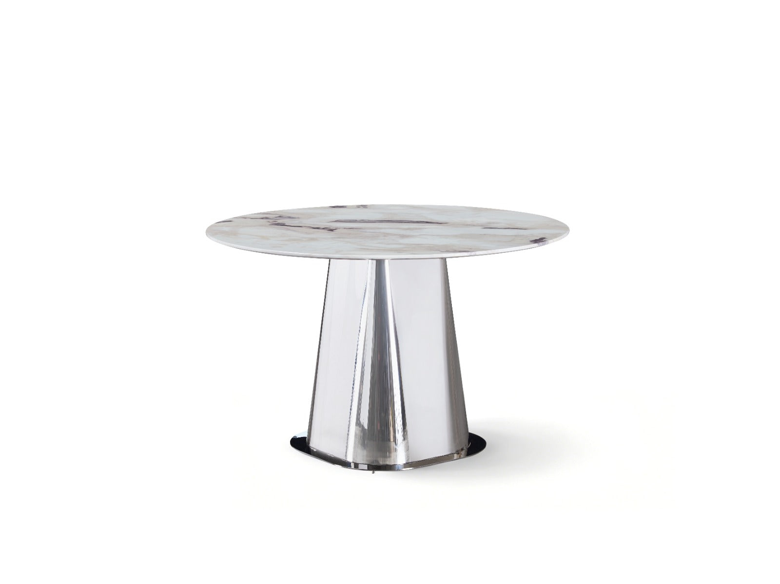 Table à manger ronde avec plateau effet marbre et piètement central en acier inoxydable, accompagnée de chaises rembourrées au design contemporain.