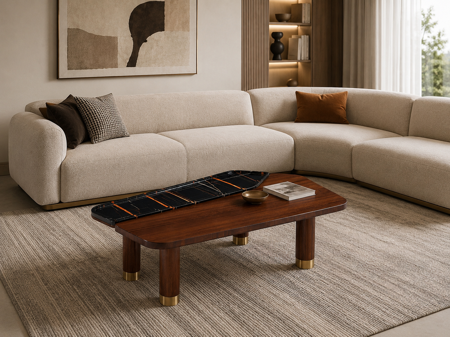 Table basse Monza en bois et marbre au design contemporain, avec pieds cylindriques et détails métalliques.