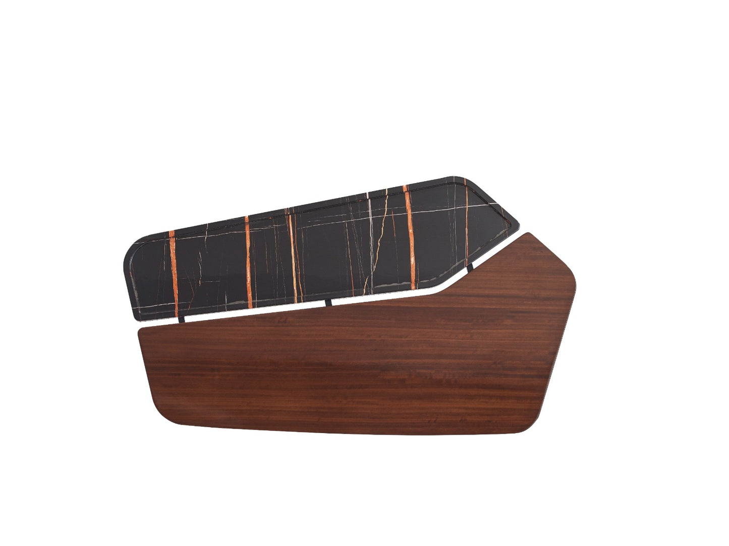 Table basse Monza en bois et marbre au design contemporain, avec pieds cylindriques et détails métalliques.
