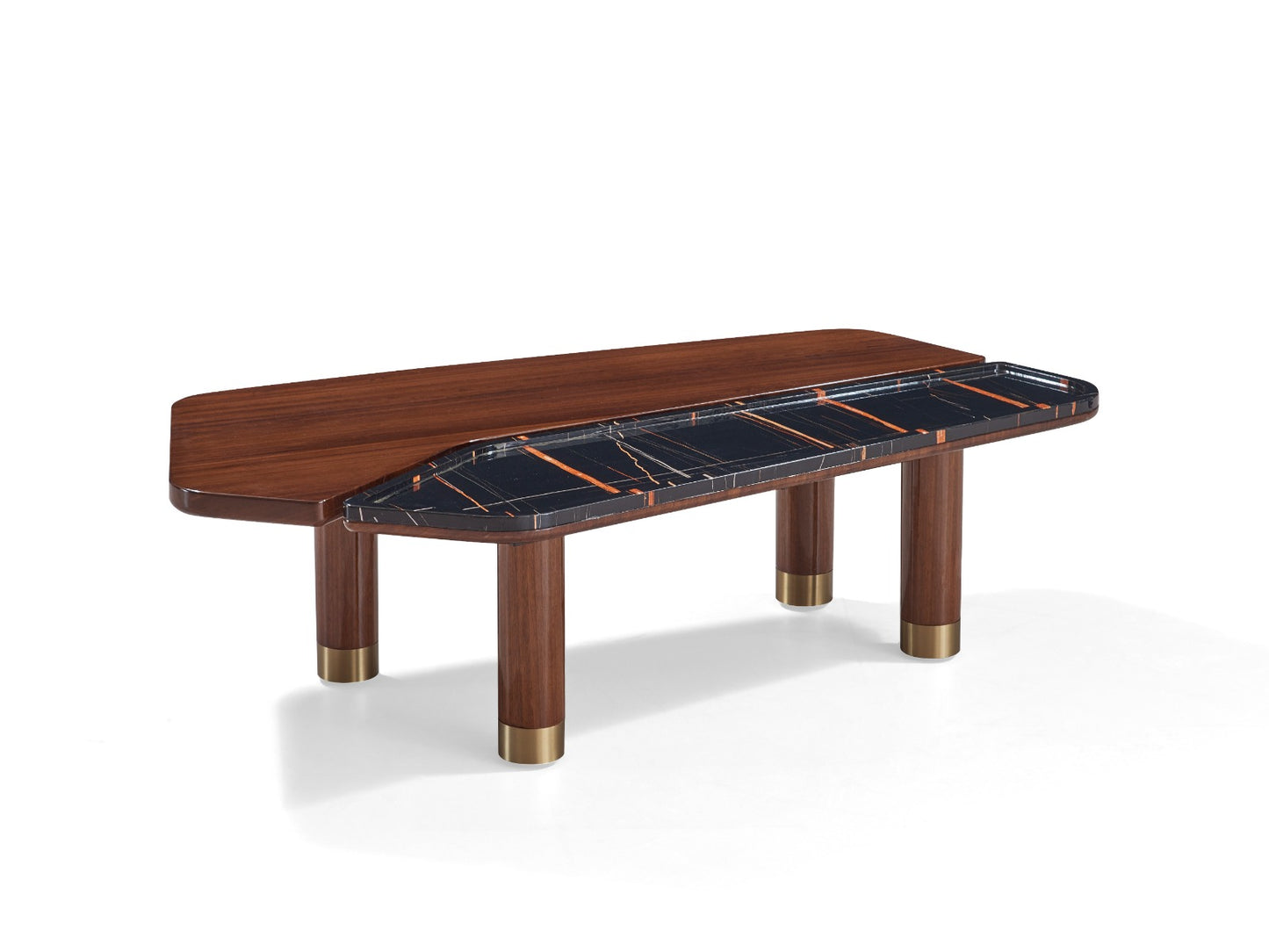 Table basse Monza en bois et marbre au design contemporain, avec pieds cylindriques et détails métalliques.