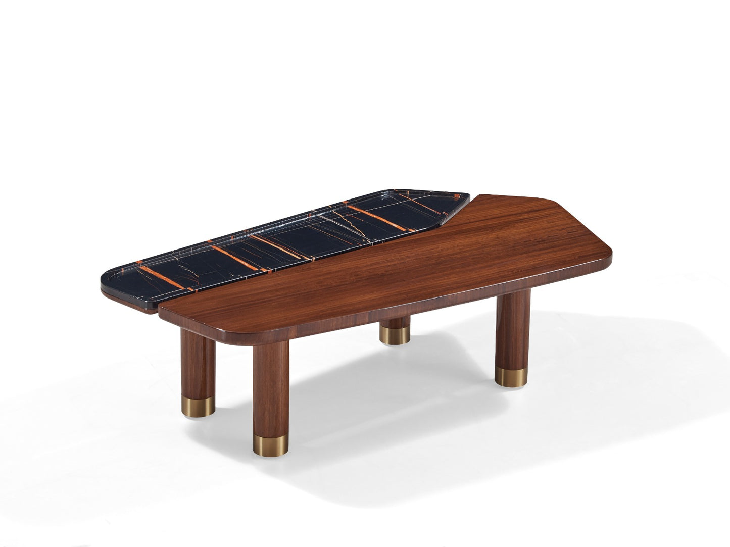 Table basse Monza en bois et marbre au design contemporain, avec pieds cylindriques et détails métalliques.