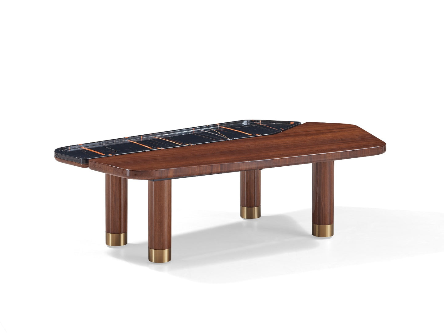 Table basse Monza en bois et marbre au design contemporain, avec pieds cylindriques et détails métalliques.