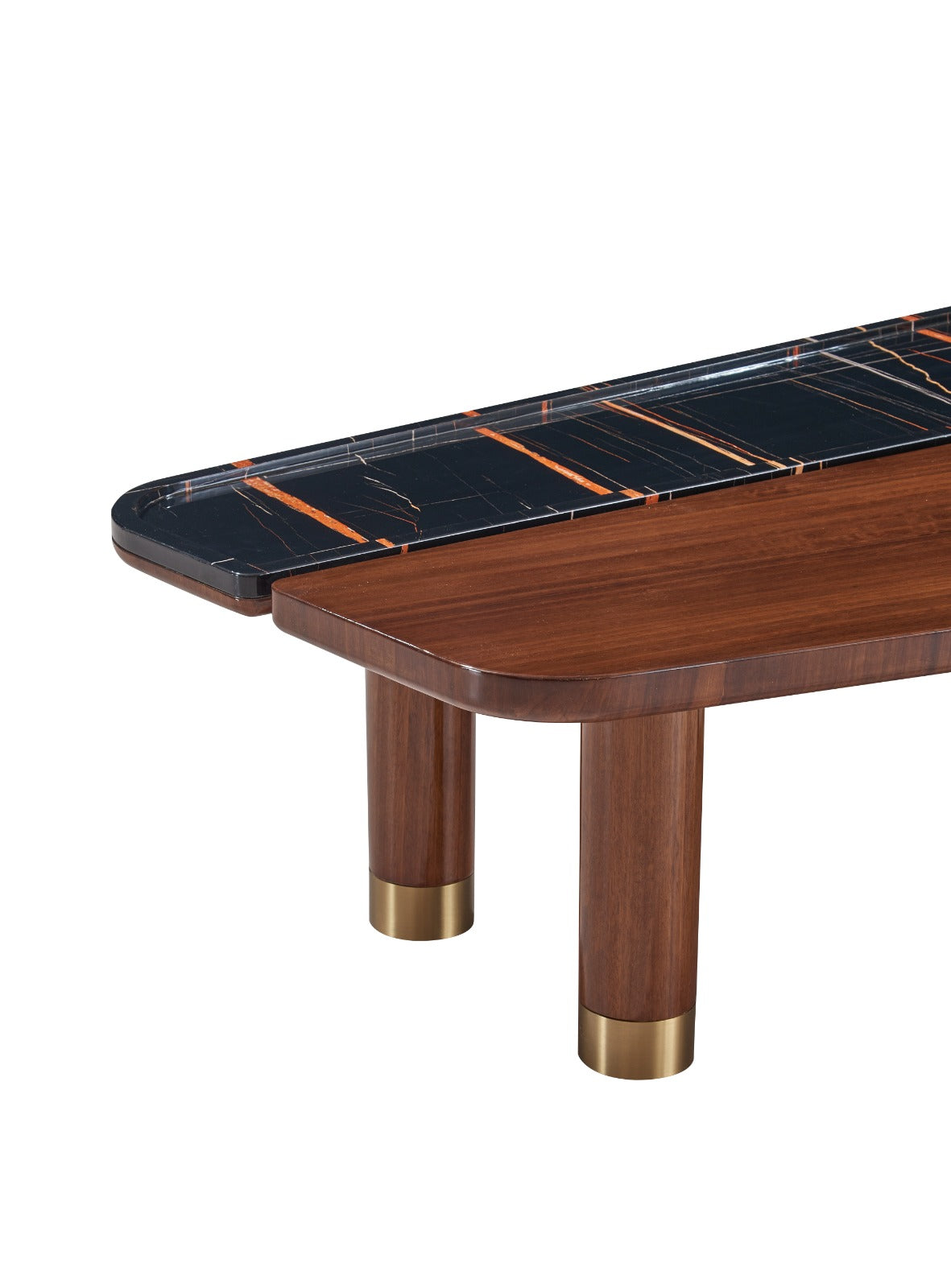 Table basse Monza en bois et marbre au design contemporain, avec pieds cylindriques et détails métalliques.
