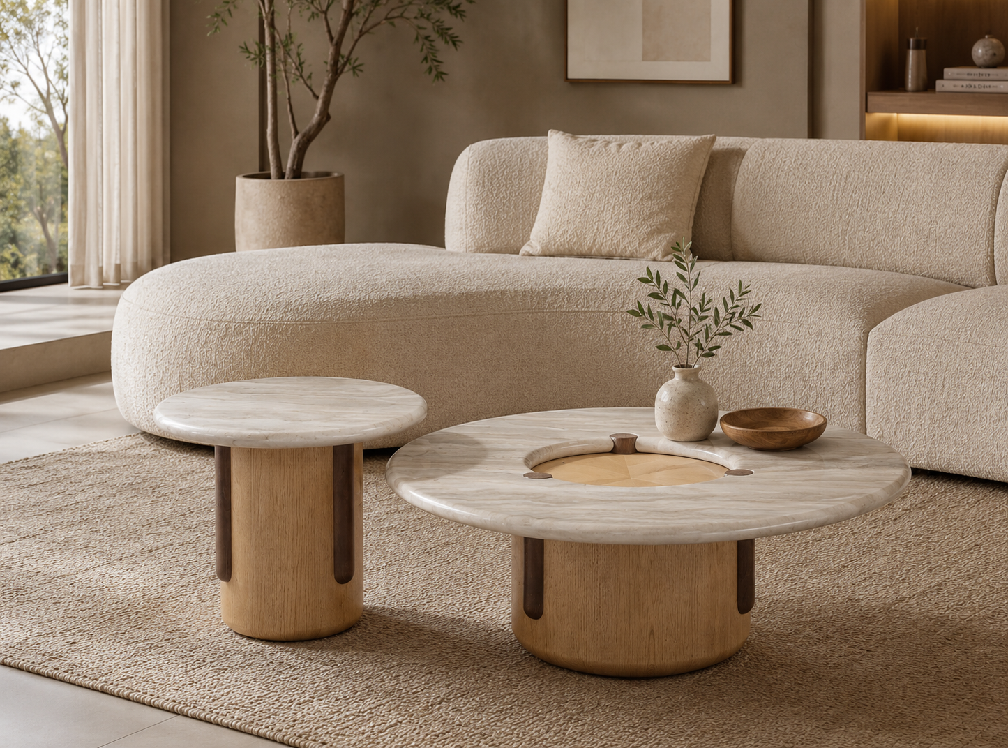 Duo Nebraska composé de deux tables basses rondes au design contemporain avec plateau en pierre et piètement en bois massif.