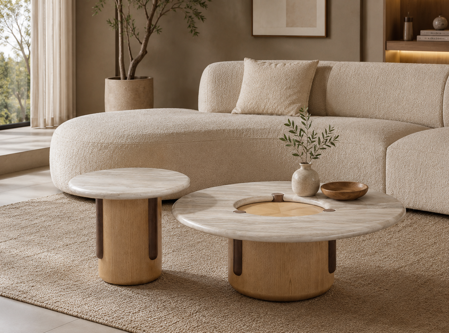 Duo Nebraska composé de deux tables basses rondes au design contemporain avec plateau en pierre et piètement en bois massif.