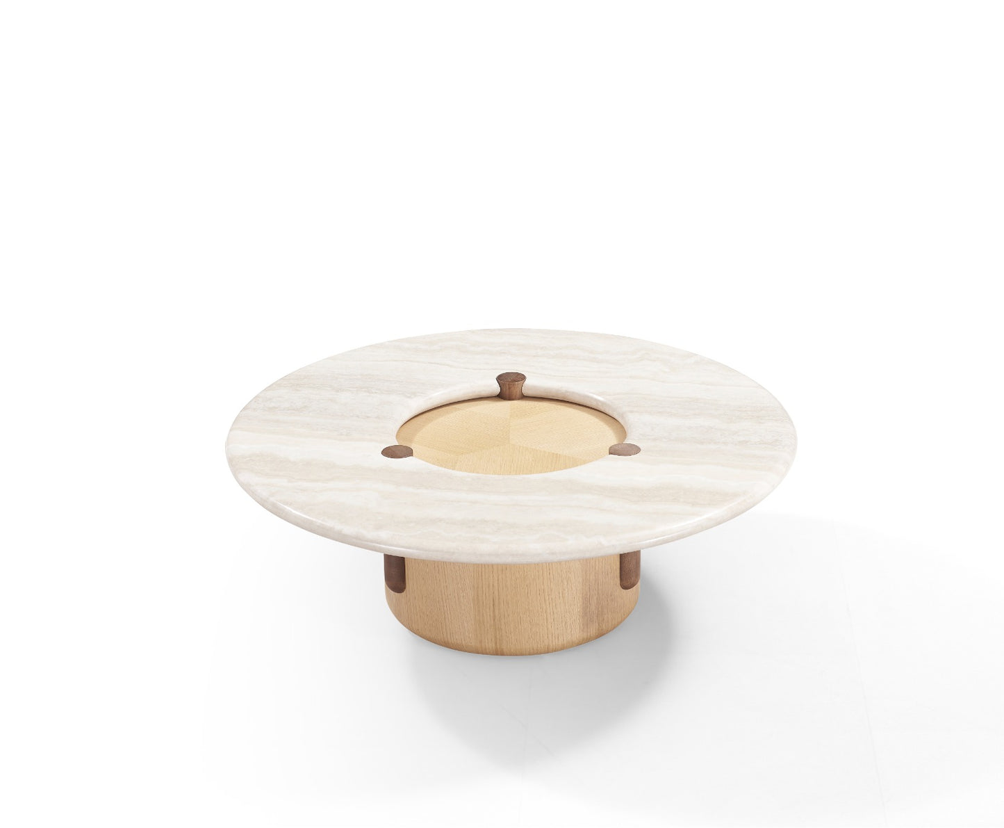 Duo Nebraska composé de deux tables basses rondes au design contemporain avec plateau en pierre et piètement en bois massif.