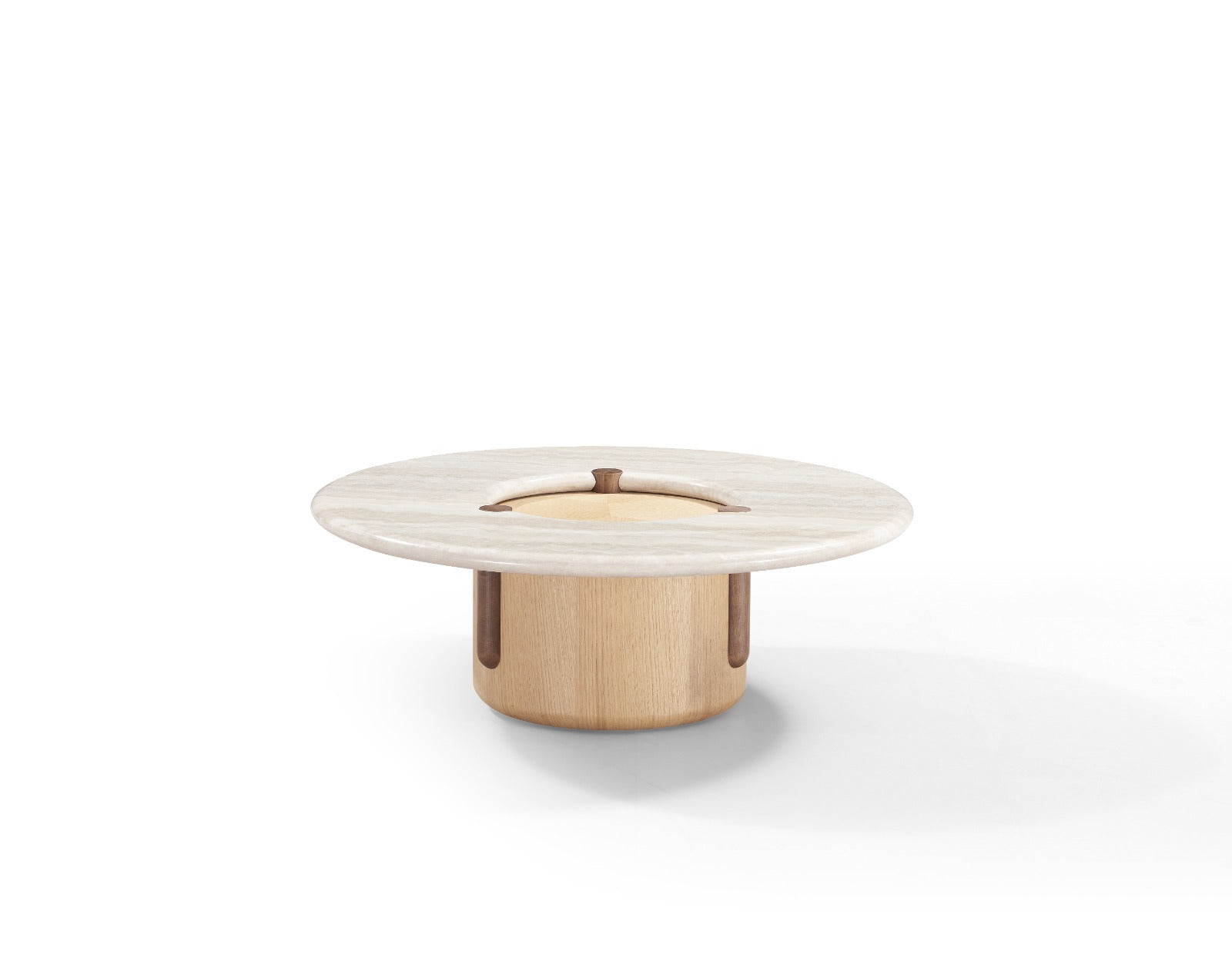 Duo Nebraska composé de deux tables basses rondes au design contemporain avec plateau en pierre et piètement en bois massif.