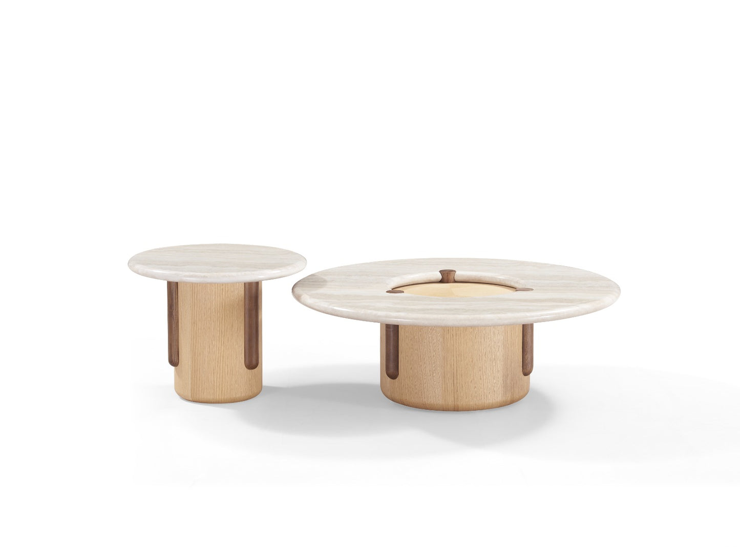 Duo Nebraska composé de deux tables basses rondes au design contemporain avec plateau en pierre et piètement en bois massif.