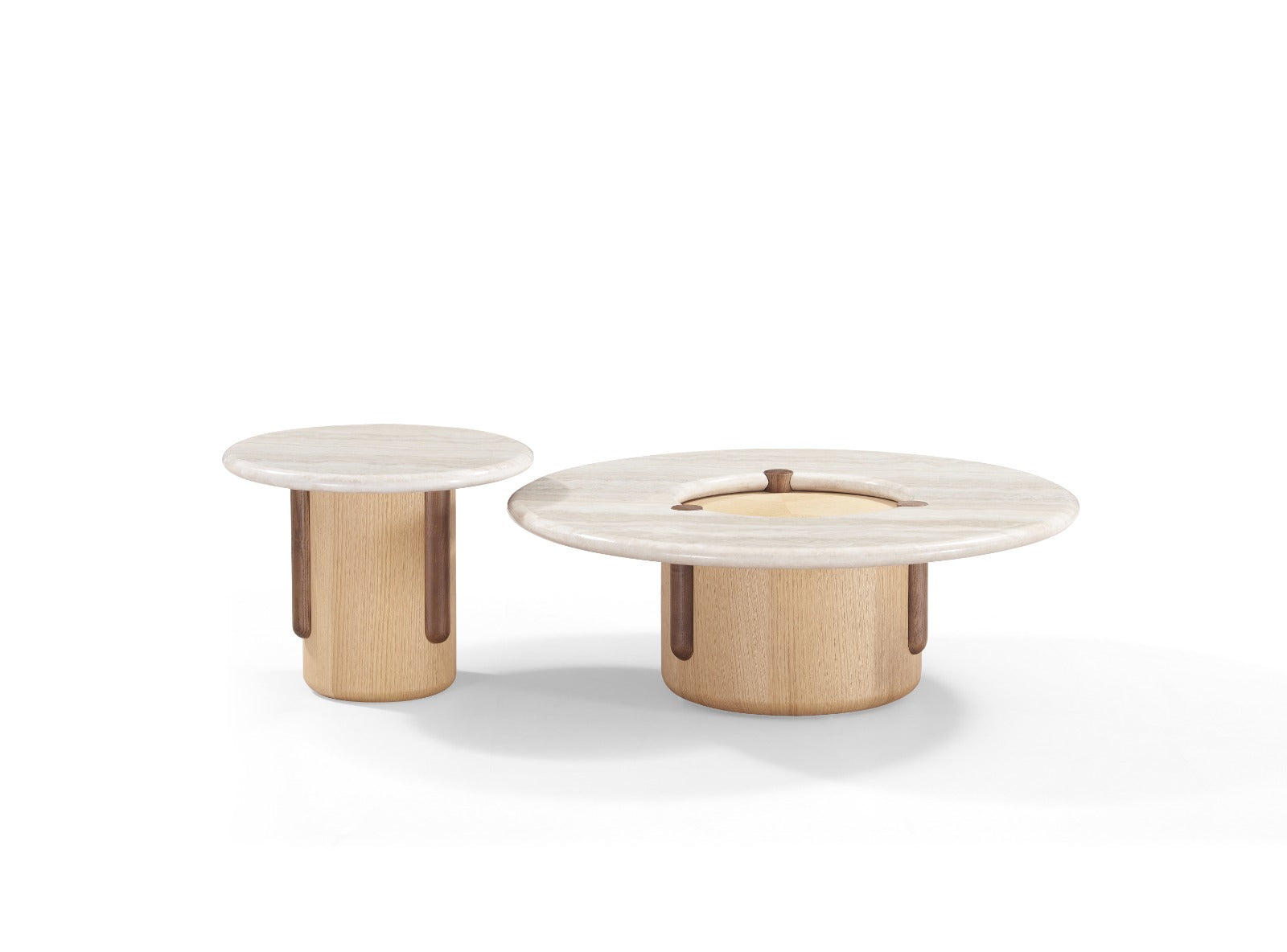 Duo Nebraska composé de deux tables basses rondes au design contemporain avec plateau en pierre et piètement en bois massif.