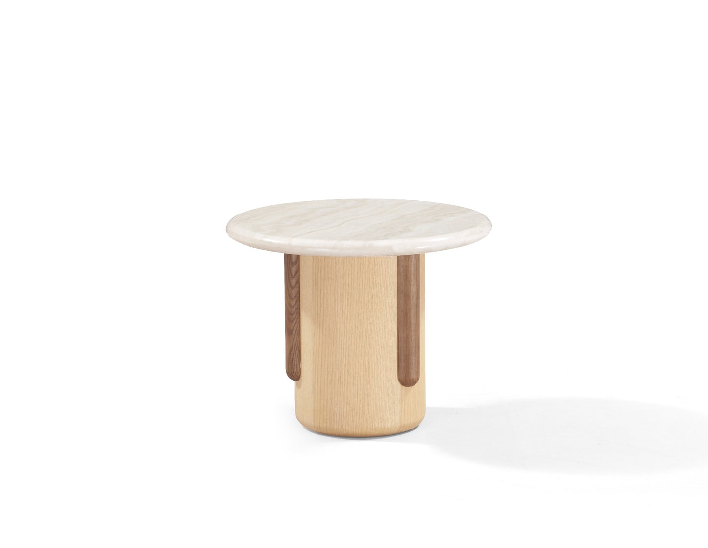 Duo Nebraska composé de deux tables basses rondes au design contemporain avec plateau en pierre et piètement en bois massif.