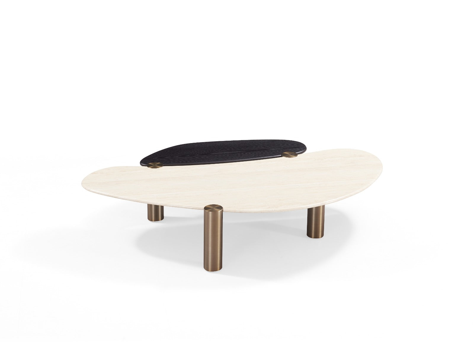 Table basse Oklahoma au design organique avec plateau aux formes arrondies, second plateau décoratif et pieds cylindriques en métal.