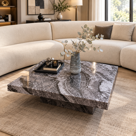 Table basse rectangulaire en finition marbrée, au design moderne et élégant, installée dans un salon contemporain.